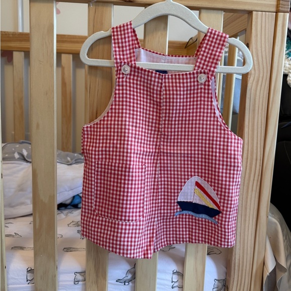 Vintage 90s Hand Sewn Gingham Red Embroidered Sailboat Shortalls Size 6-12 Month - Picture 1 of 5